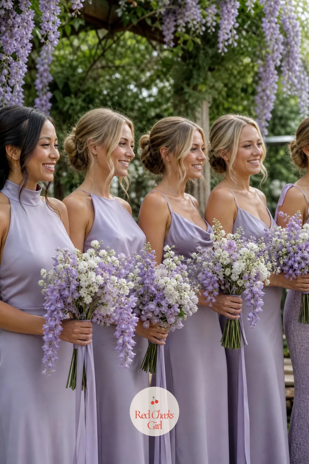 Lilac Wisteria Bridesmaid Bouquets — Matching the bridal bouquet without copying it exactly keeps the group looking put together in photos rather than