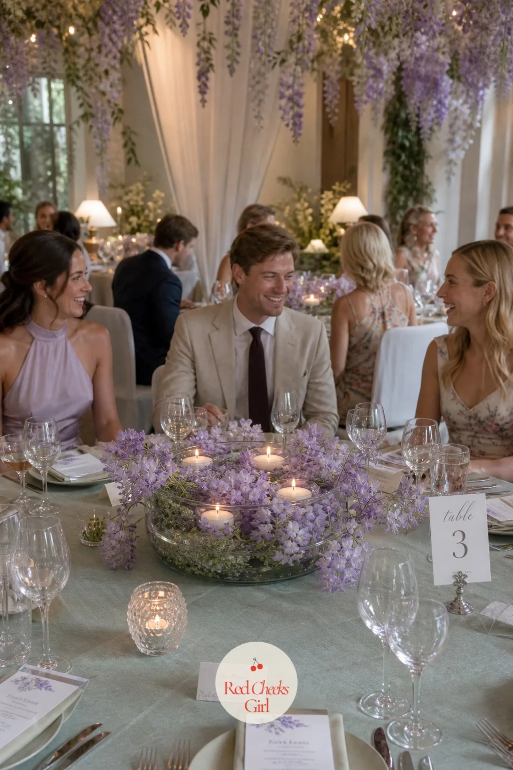A Low Wisteria Centerpiece Down Each Guest Table — Guest tables need their own small centerpiece, low enough that two people across the table can still talk
