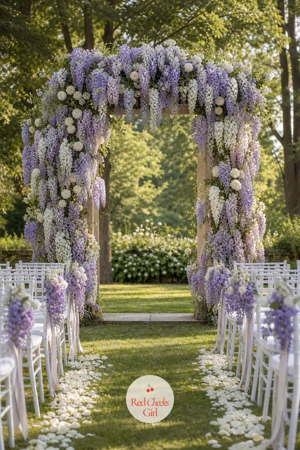 A Wisteria Arch at the Altar — Under an arch of wisteria, the ceremony gets its one big floral moment. Wisteria wedding