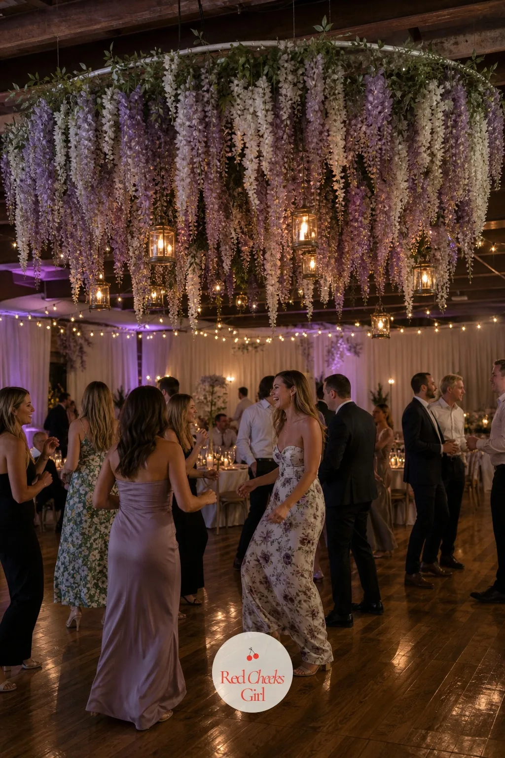 A Wisteria Chandelier Over the Dance Floor — The dance floor deserves its own small moment, something separate from the long drop over the dinner table.