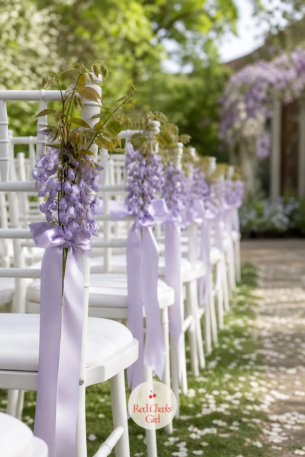 Wisteria Posies on the Aisle Chairs — Rows of plain chairs either side of the aisle feel unfinished next to an arch this dressed. Wisteria wedding