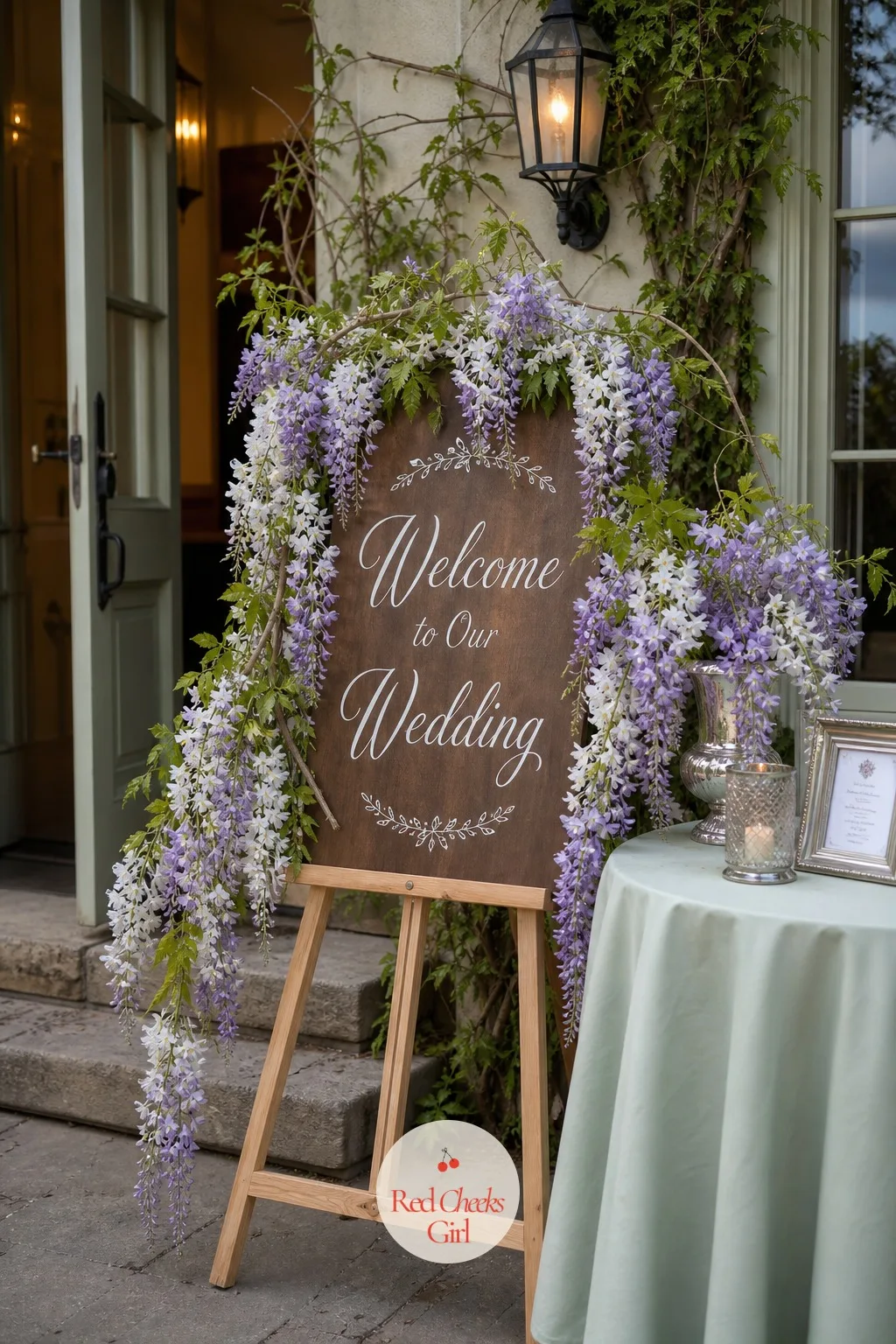 A Wisteria Welcome Sign at the Door — The first thing a guest sees should not be a bare easel. Wisteria wedding
