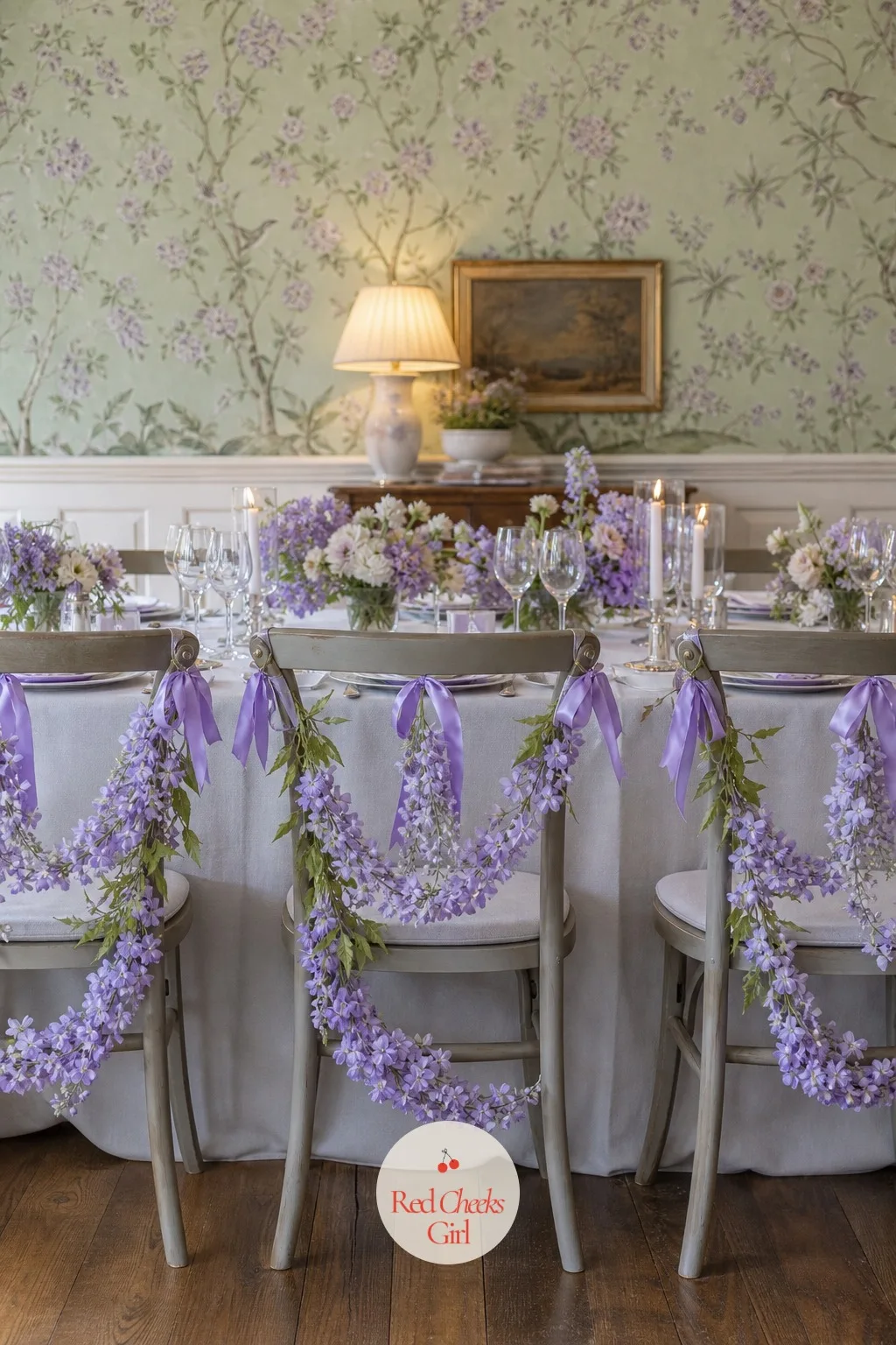 Wisteria-Draped Chairs at the Head Table — Behind the couple, plain chairs look like an afterthought next to everything else on the table. Wisteria wedding