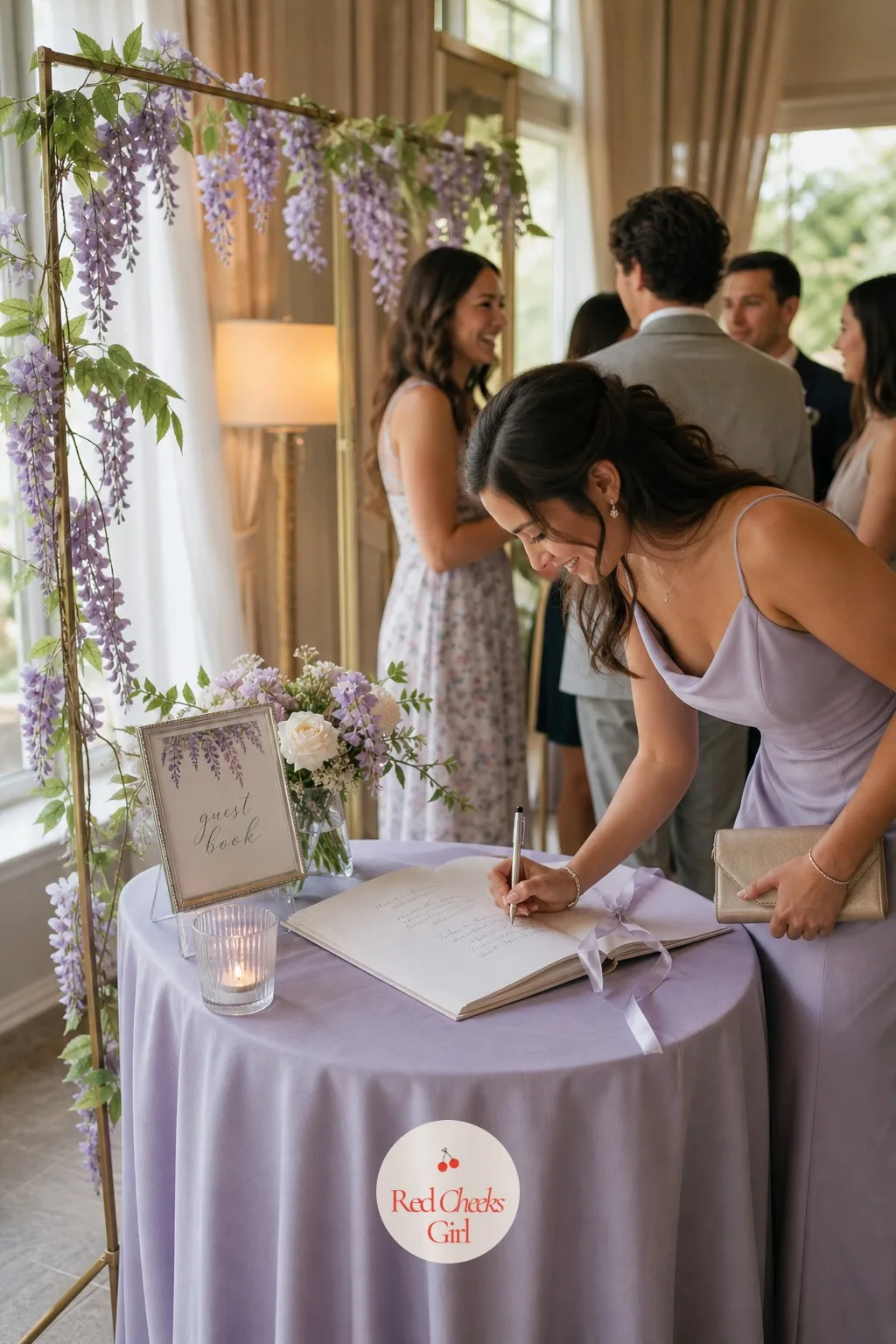 A Wisteria-Framed Guest Book — The guest book table is easy to forget until the last week, but it gets seen by nearly every guest, so it deserves the same