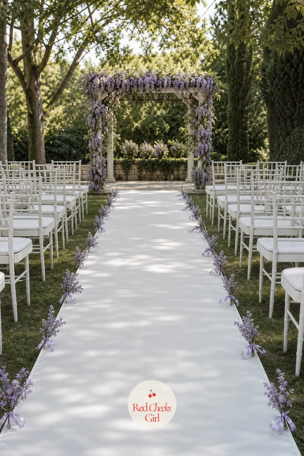A Wisteria-Lined Aisle Runner — The walk to the arch should feel like part of the same story, not a plain strip of fabric laid down as an afterthought.