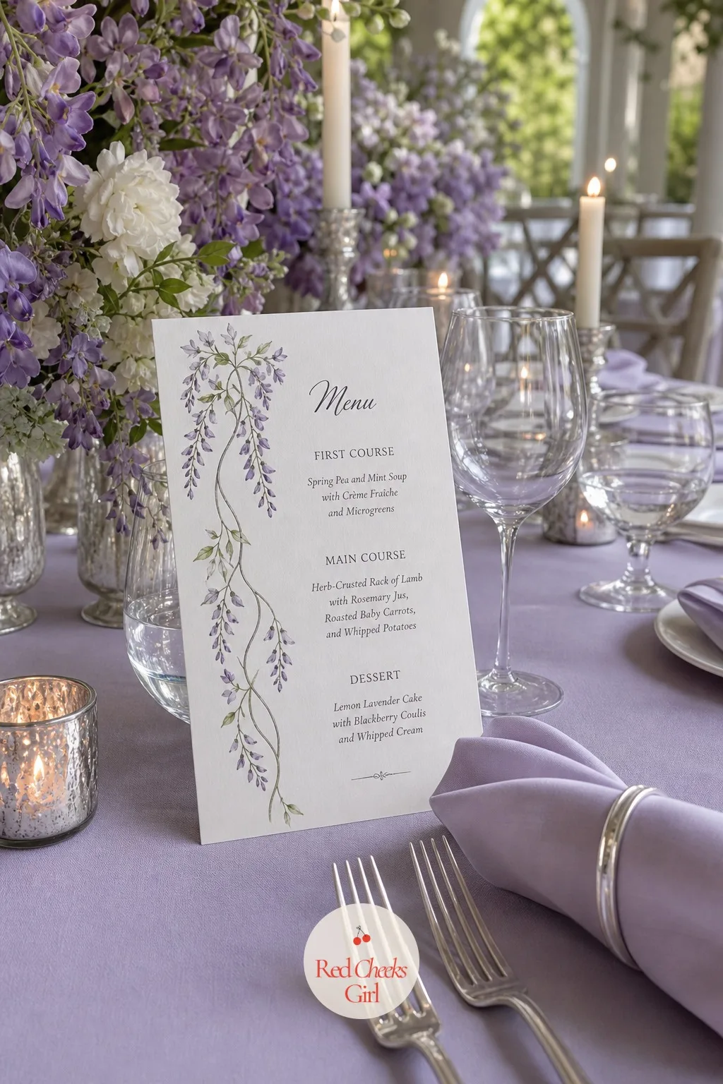 Wisteria-Print Menus — Each place setting gets one small printed detail, a menu card with a thin wisteria vine running down one edge, listing the courses in
