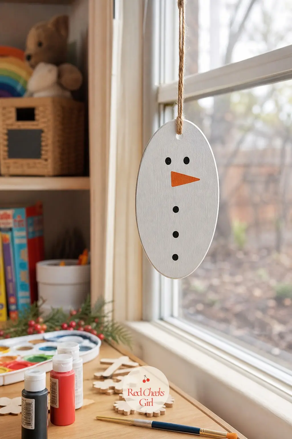 Button Snowman — White base, one orange triangle nose, three black dots down the middle: a snowman face that a five year old can finish start to finish without