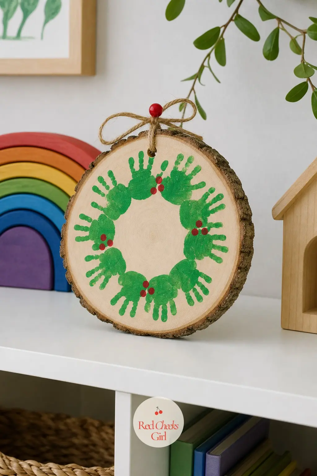 Green Handprint Wreath — A ring of small green handprints, pressed finger to finger around the disc, turns into a wreath shape without any drawing at all. Wood