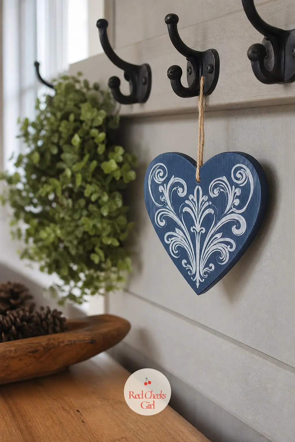 Indigo Rosemaling Heart — Rosemaling, the Norwegian rose-painting tradition, turns a plain heart into something with real history behind it: indigo base, fine