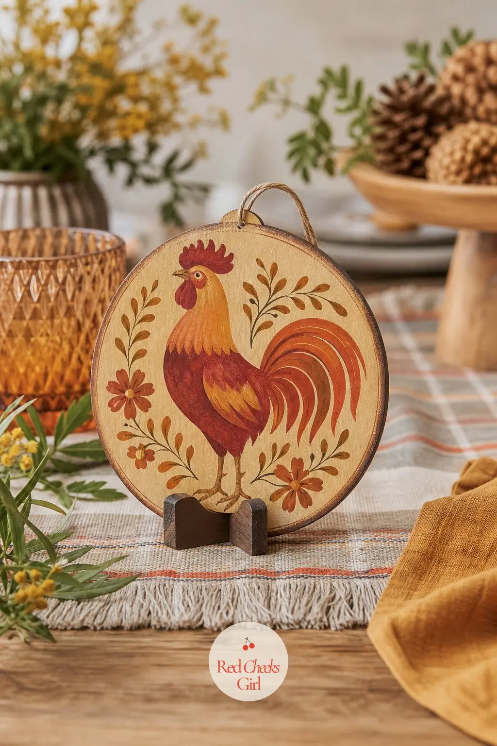 Ochre Rooster — An ochre and rust rooster, painted in flat folk-art shapes rather than realistic feathers, stands upright in a small wood stand instead of