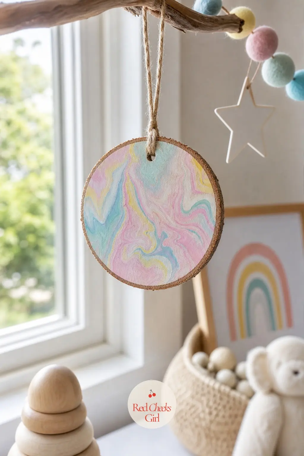 Pastel Marbled Slice — Drop pastel pink, blue and yellow paint onto a wet white base and drag a toothpick through it in loose swirls. Wood ornament painting