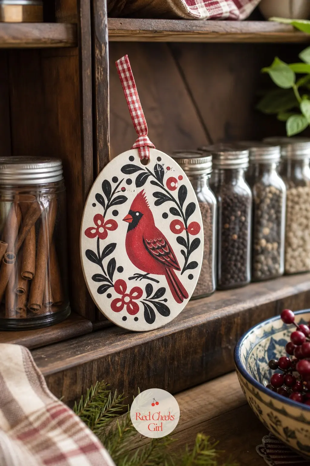 Pennsylvania Dutch Cardinal — Three colours, red, black and white, laid in flat confident blocks rather than blended, give this bird its folk-art snap. Wood