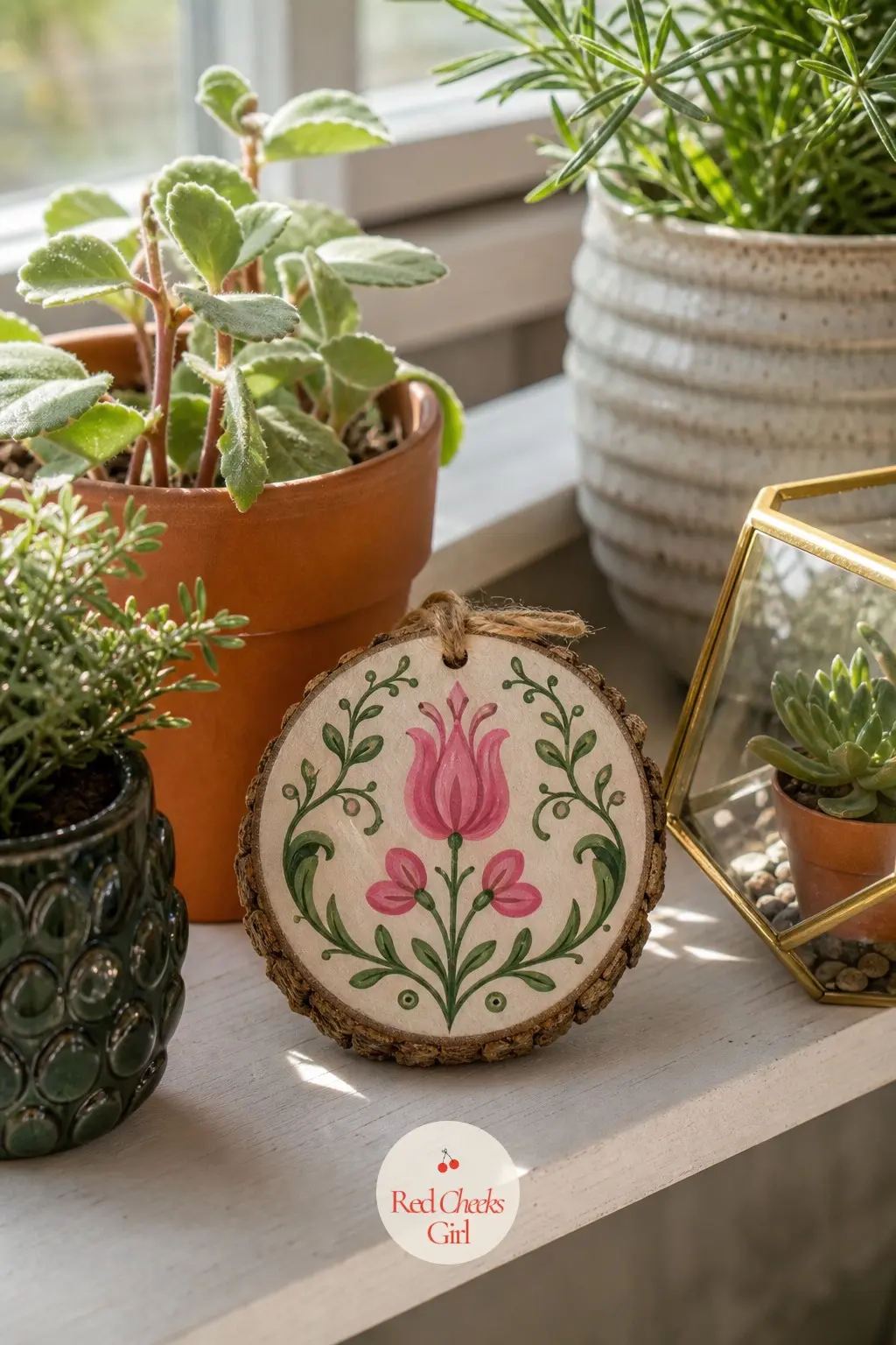 Pink Tulip Vine Slice — The tulip and vine motif traces back to Pennsylvania Dutch quilts and barn hex signs, and it translates to a wood slice beautifully