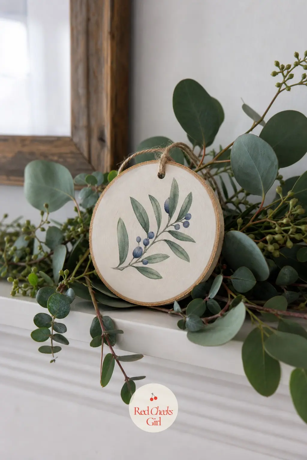 Sage Sprig Birch Disc — One sprig, painted in sage green with three dusty blue berry dots, sits better on a mantel than an entire painted scene ever would.