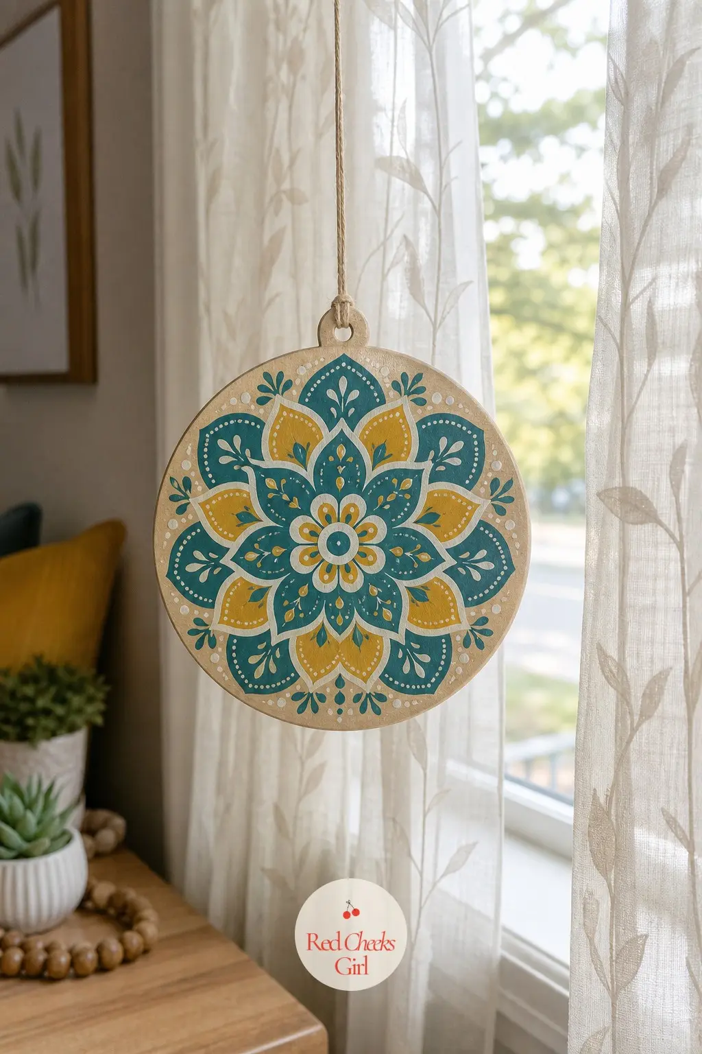 Teal Mustard Floral Mandala — A wood round gets divided into petals from the centre out, teal and mustard alternating, cream between each one. Wood ornament