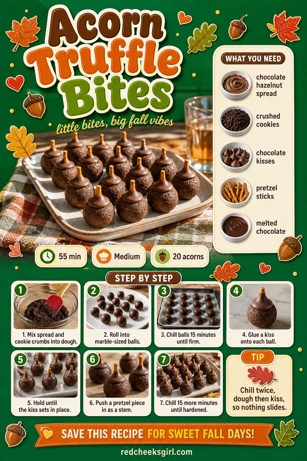 Acorn Truffle Bites Recipe Card printable sheet — Acorn Truffle Bites. Woodland baby shower food