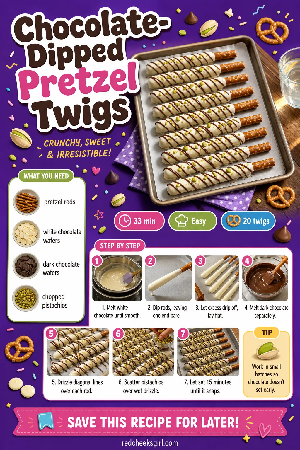 Chocolate-Dipped Pretzel Twigs Recipe Card printable sheet — Chocolate-Dipped Pretzel Twigs. Woodland baby shower food