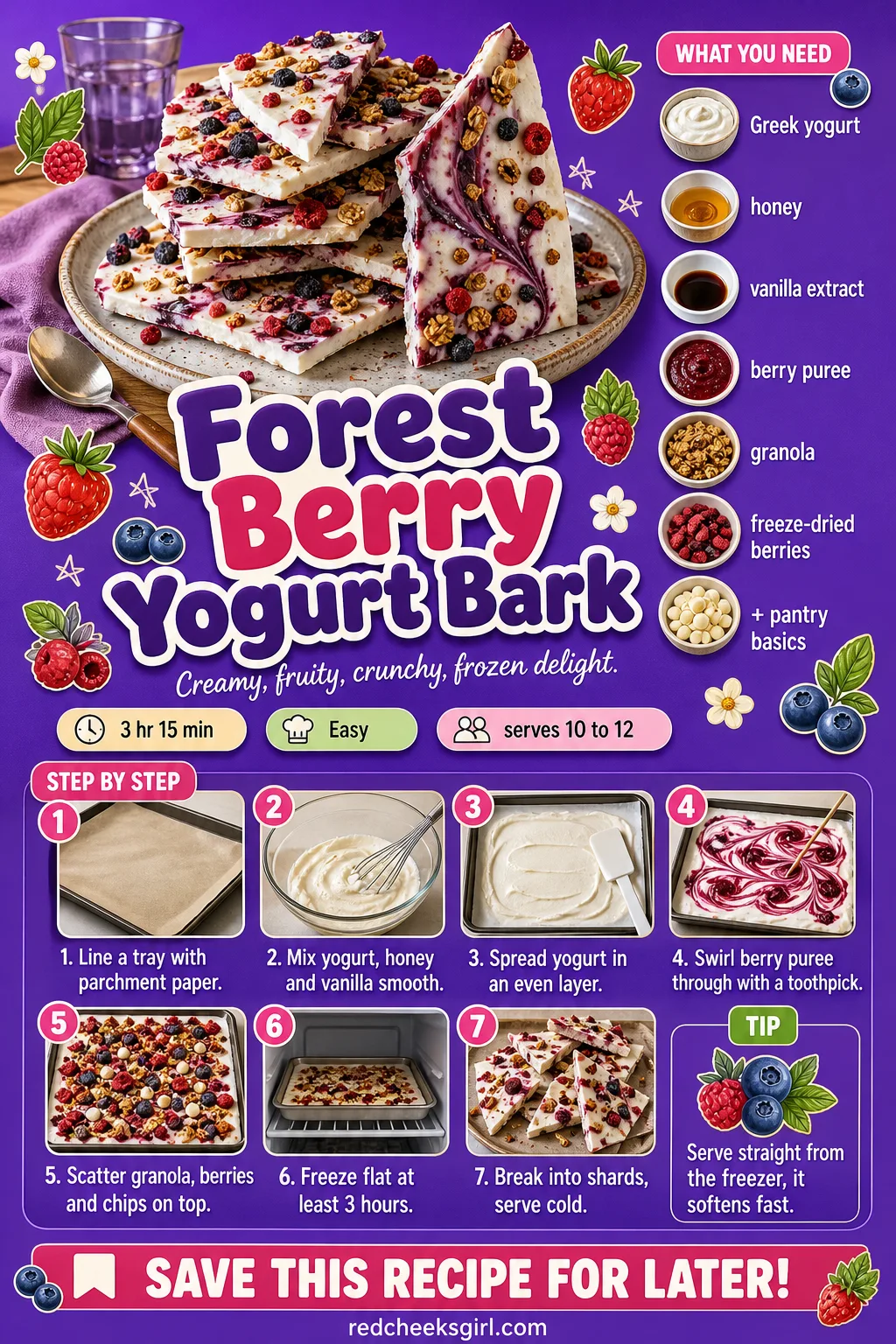 Forest Berry Yogurt Bark Recipe Card printable sheet — Forest Berry Yogurt Bark. Woodland baby shower food