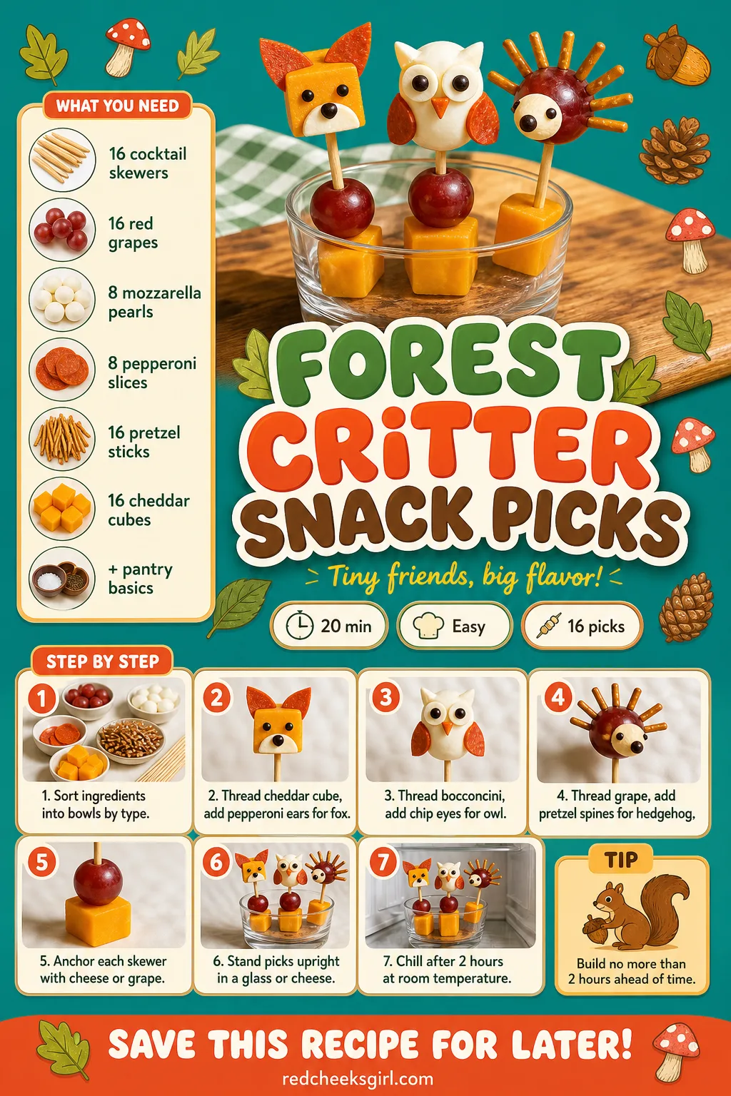 Forest Critter Snack Picks Recipe Card printable sheet — Forest Critter Snack Picks. Woodland baby shower food
