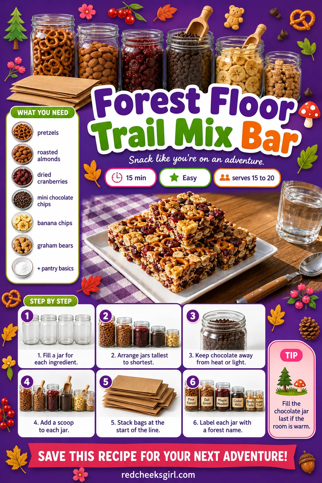 Forest Floor Trail Mix Bar Recipe Card printable sheet — Forest Floor Trail Mix Bar. Woodland baby shower food