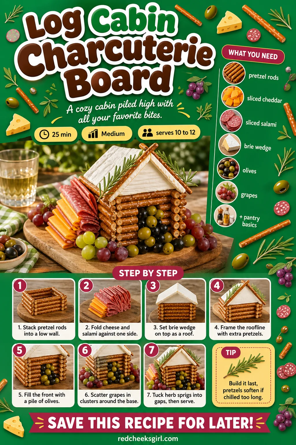 Log Cabin Charcuterie Board Recipe Card printable sheet — Log Cabin Charcuterie Board. Woodland baby shower food