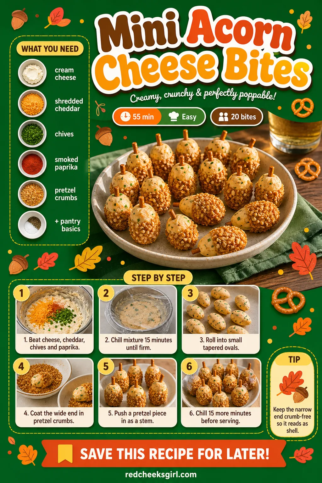 Mini Acorn Cheese Bites Recipe Card printable sheet — Mini Acorn Cheese Bites. Woodland baby shower food