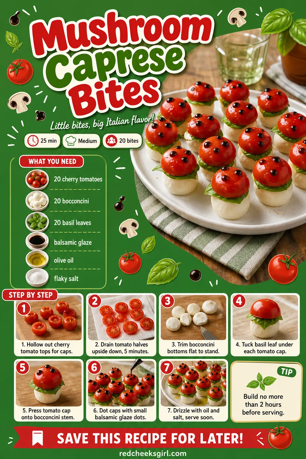 Mushroom Caprese Bites Recipe Card printable sheet — Mushroom Caprese Bites. Woodland baby shower food