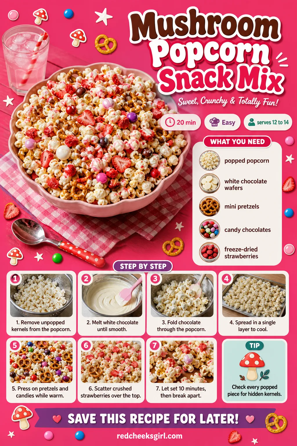 Mushroom Popcorn Snack Mix Recipe Card printable sheet — Mushroom Popcorn Snack Mix. Woodland baby shower food