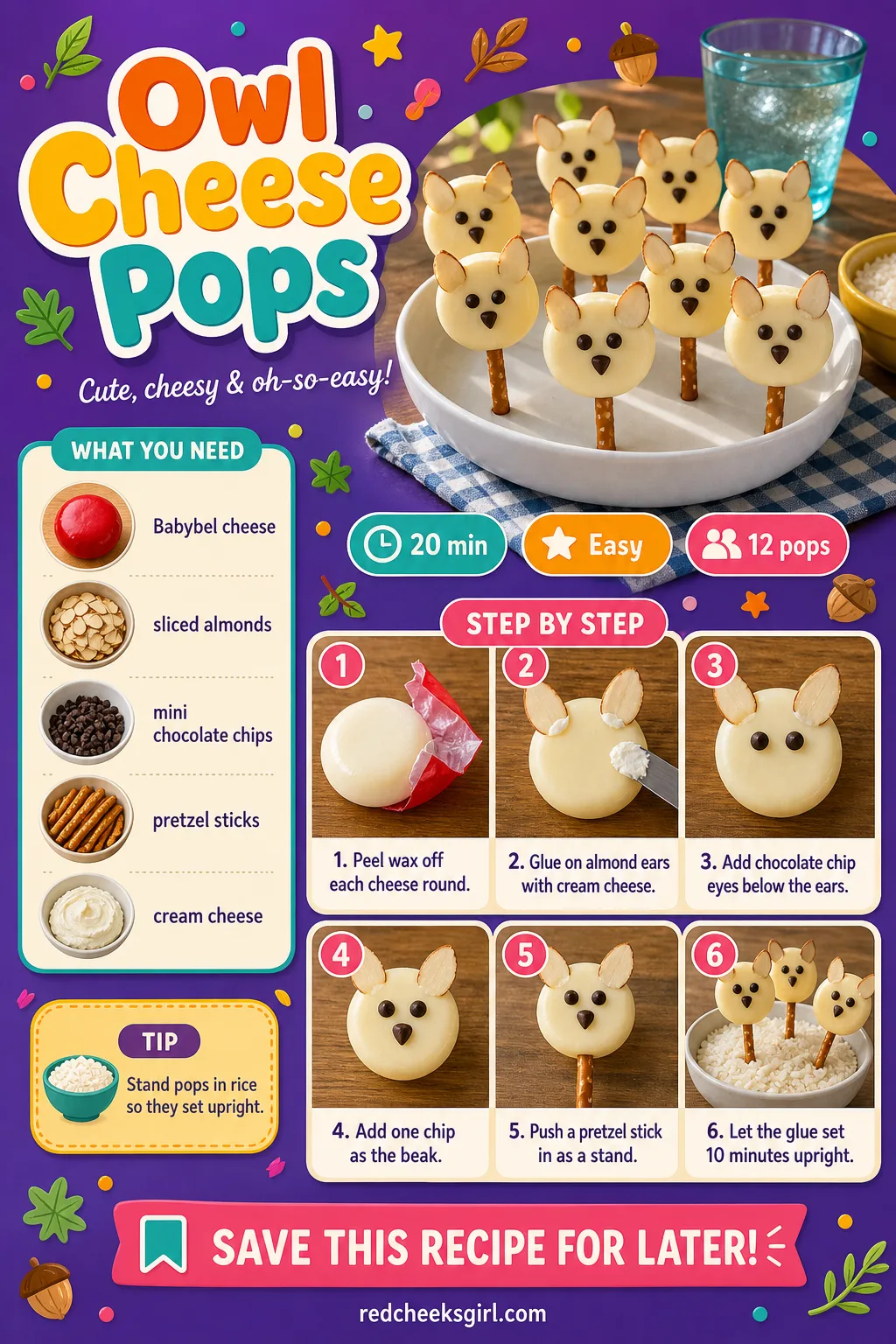Owl Cheese Pops Recipe Card printable sheet — Owl Cheese Pops. Woodland baby shower food