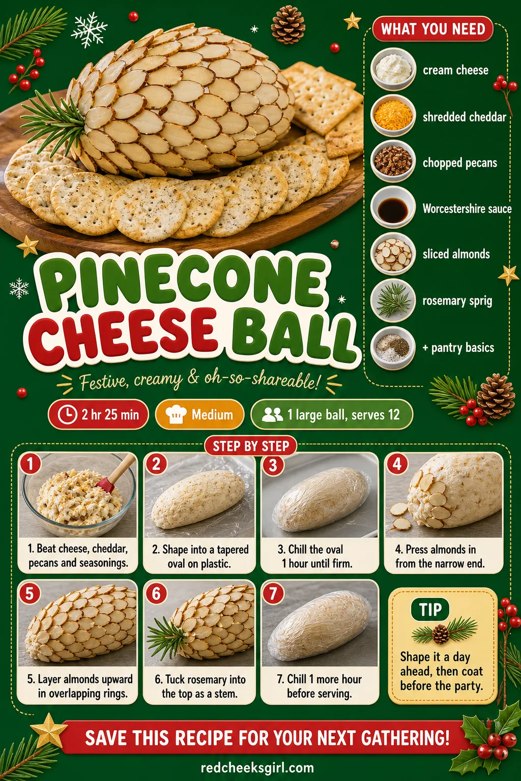Pinecone Cheese Ball Recipe Card printable sheet — Pinecone Cheese Ball. Woodland baby shower food