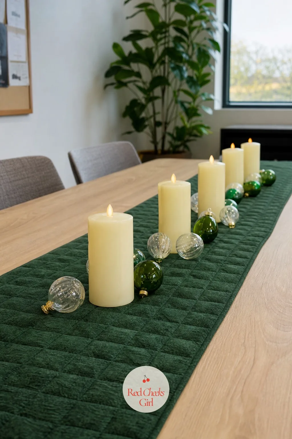 Breakroom Table Runner and Candle Row — The breakroom usually looks the same in December as it does in July, which is a missed opportunity sitting in plain