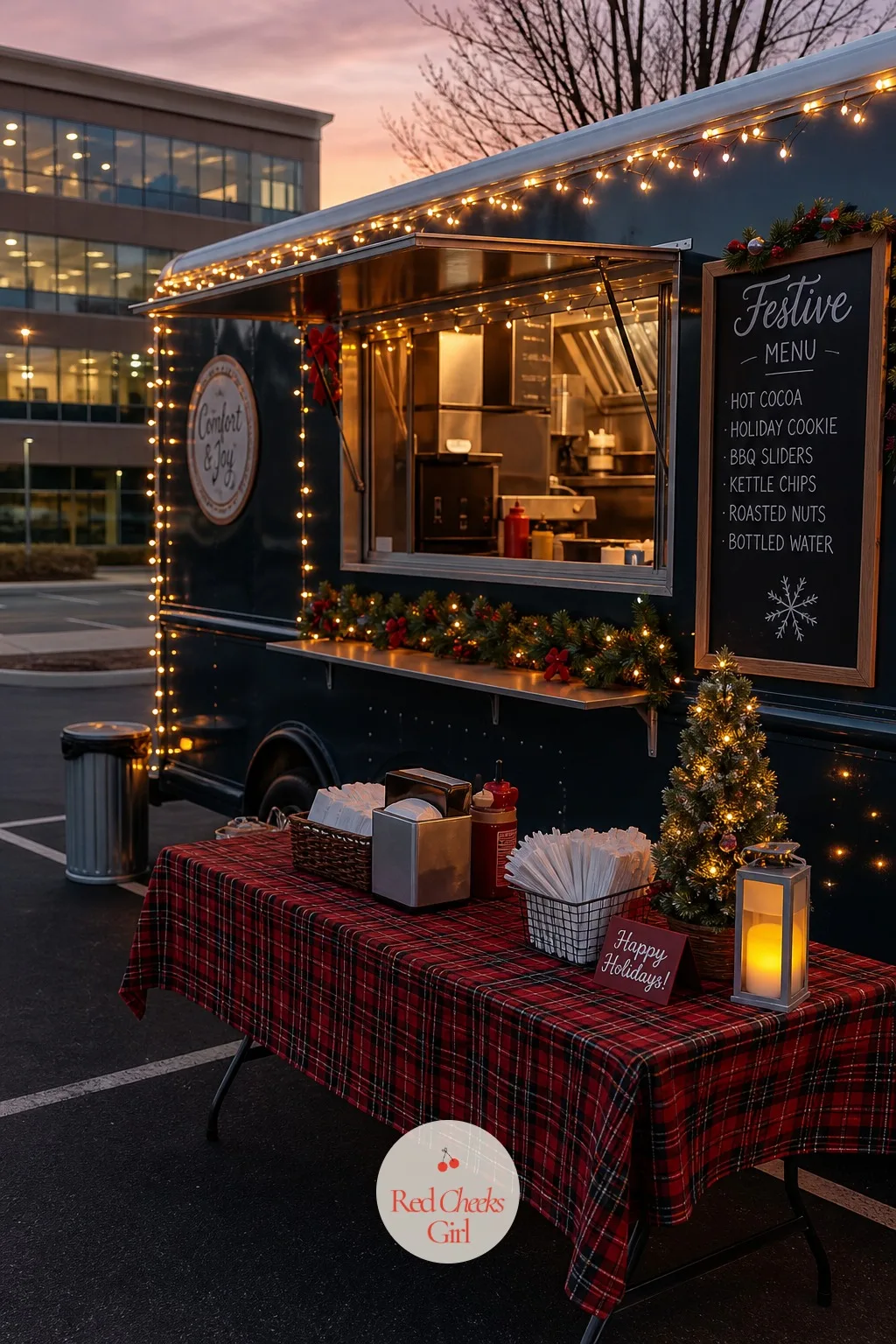 Food Truck in the Parking Lot — A food truck solves the catering question without anyone setting a single table indoors. Work christmas party ideas