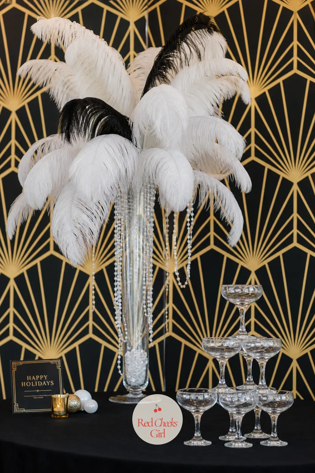 Gatsby Speakeasy — A Gatsby party earns its reputation because it looks expensive and rarely is: black, gold and a deep burgundy do almost all the work. Work