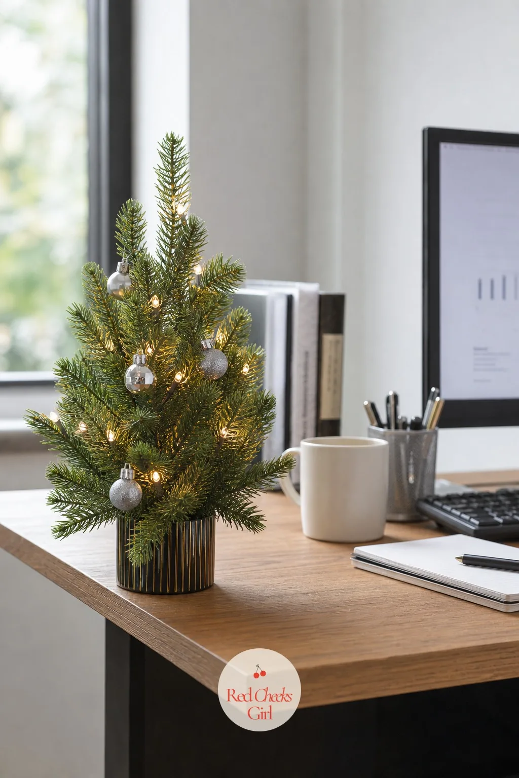 A Mini Tree on Every Desk — A single tree in the lobby gets all the attention and most desks get none of it. Work christmas party ideas