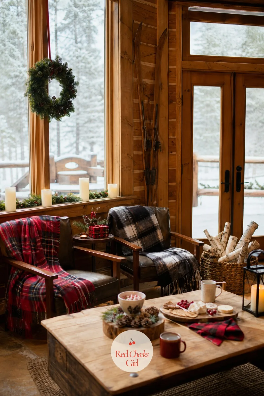 Ski Lodge Retreat — Skip the plane ticket: a ski lodge needs a fireplace nobody is actually lighting and a lot of soft plaid. Work christmas party ideas