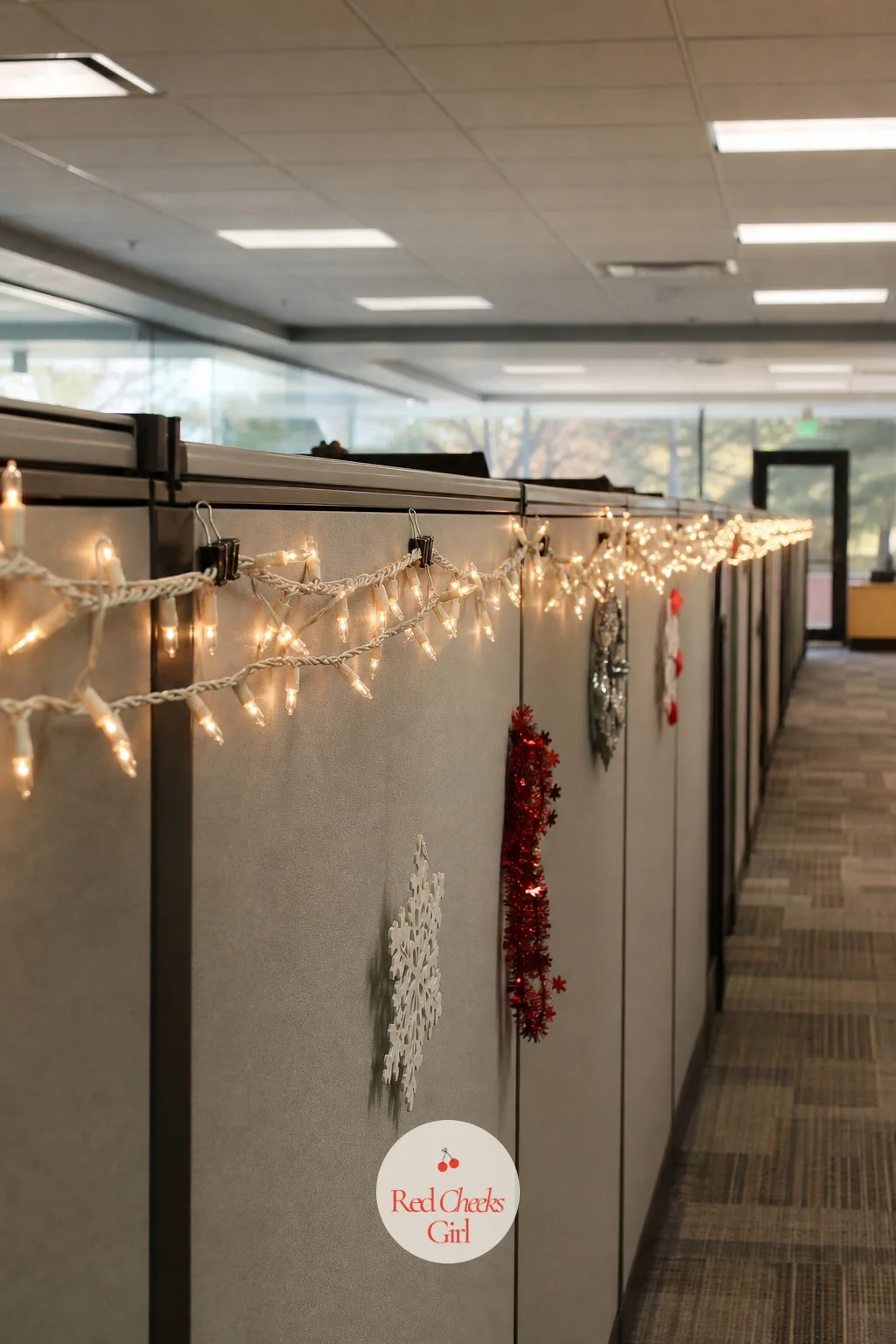 String-Light Walk Down the Cubicle Row — Overhead fluorescents do nothing for anyone's mood in December, and dimming them is rarely an option. Work christmas