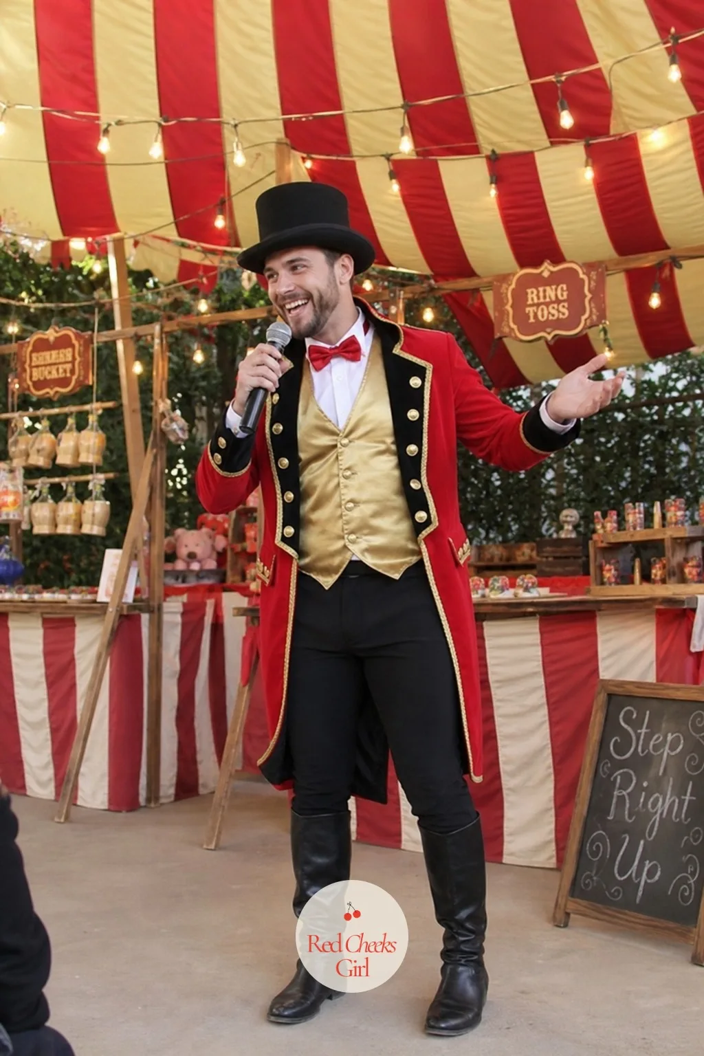 Christmas Carnival — Striped fabric panels strung like a small tent, string lights in red, green and gold overhead, and a row of homemade stalls turn even a