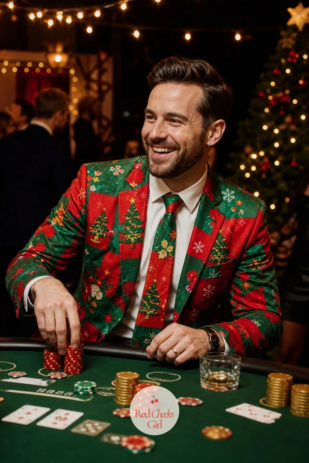 Christmas Casino Night — Green felt tables and stacks of red and gold poker chips make a conference room look rented out for the night, even when it is not.