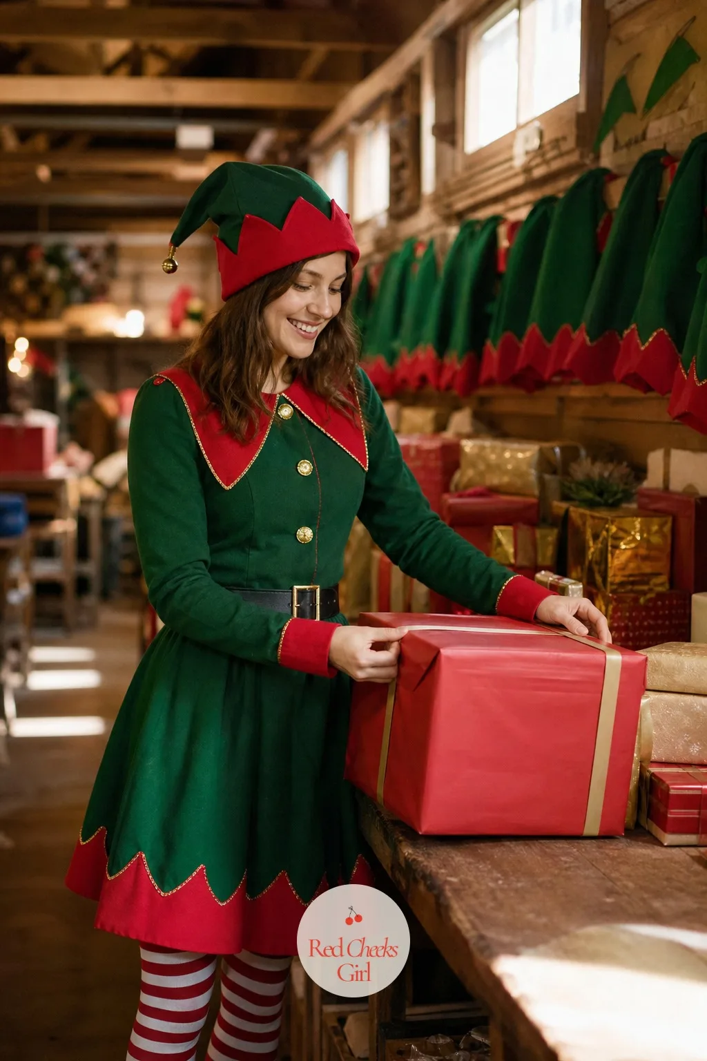 North Pole Workshop — Dress one long table as a toy-making bench: wood crates, oversized wrapped boxes stacked as props, a row of elf hats hung along the back