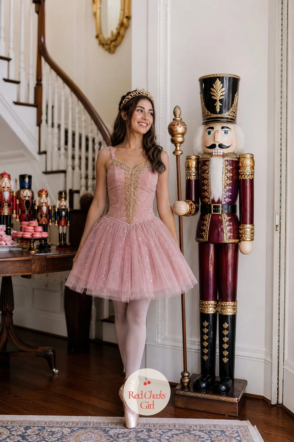 Nutcracker Ballet — Burgundy and gold ribbon wound down the table, one oversized nutcracker figure as the single statement piece by the entrance, and a line of