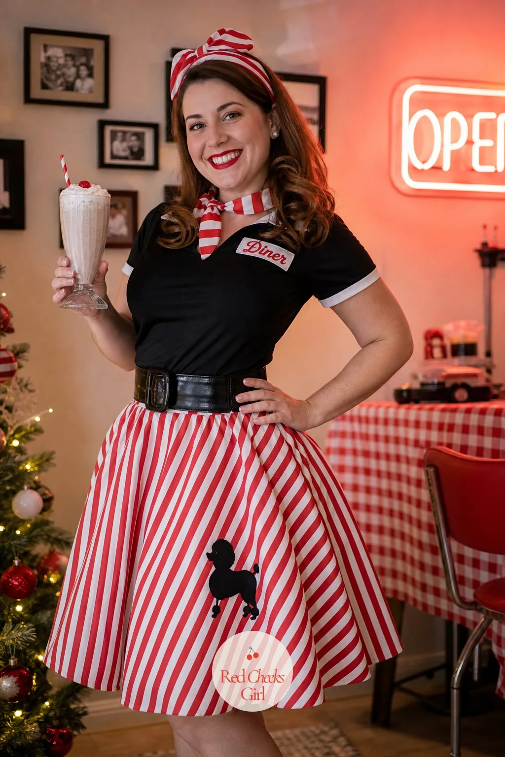 Retro Diner — A red and white checker tablecloth, a neon "open" sign propped by the door, and a row of tall milkshake glasses used as centrepieces get the