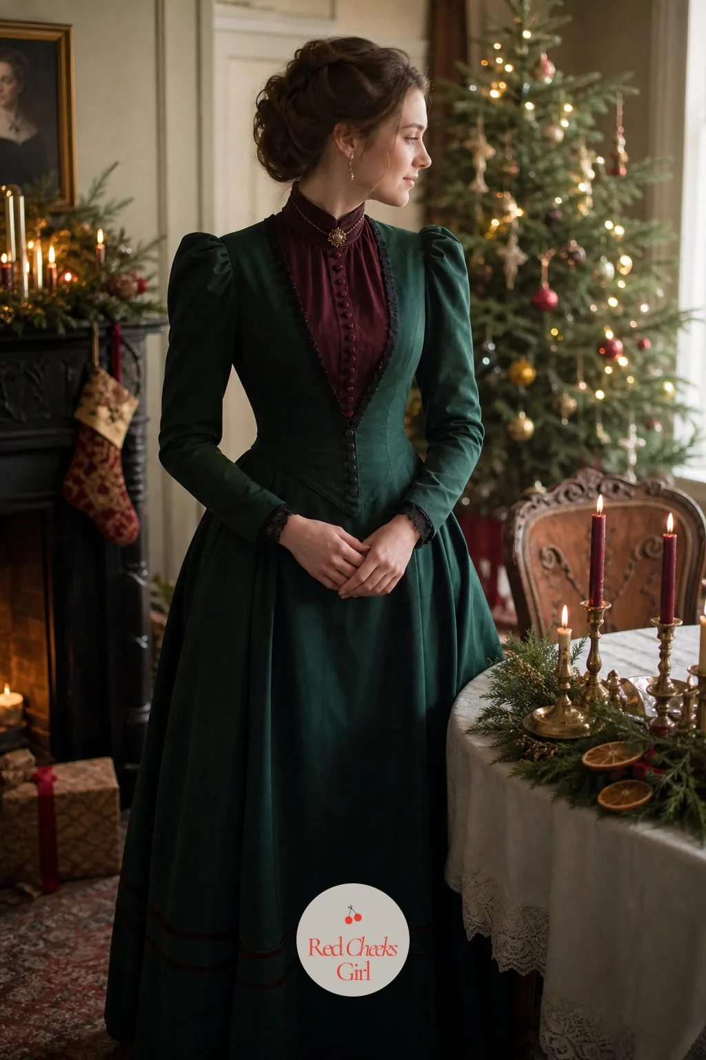 Victorian Christmas — Deep green and burgundy drapes, brass candelabras down the centre of a lace-edged tablecloth, and a garland of dried orange slices give